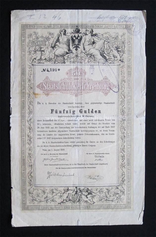 Osztrák államadóssági kötvény 50 gulden 1868 augusztus